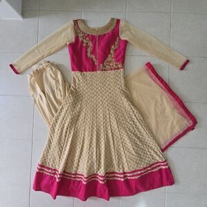 Ready made 3 piece size small S pink beige anarkali salwar kameez gold work
